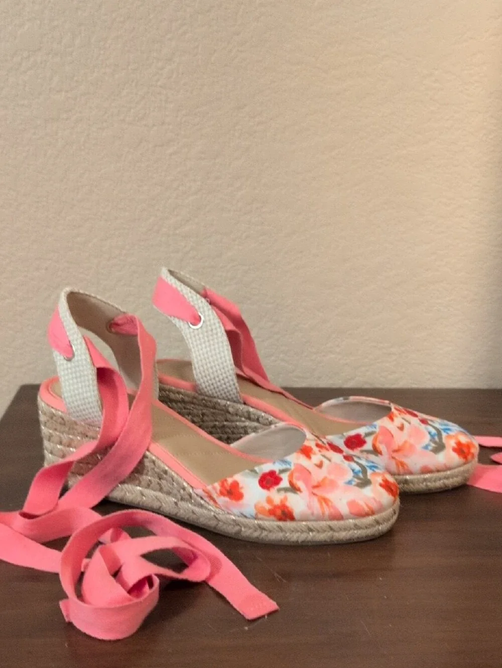 Floral Espadrille Wedges with Pink Ties